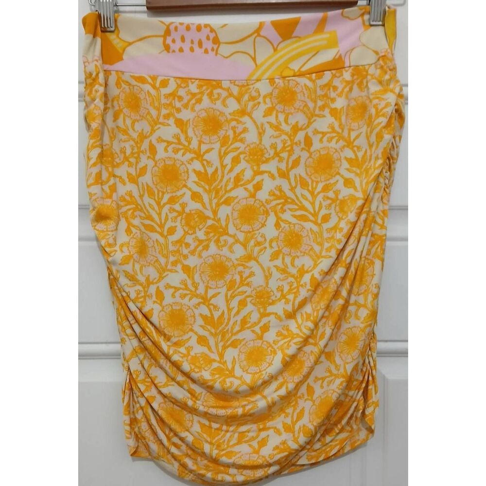 Free People women medium mini skirt ruched smocked yellow pink feminine stretch